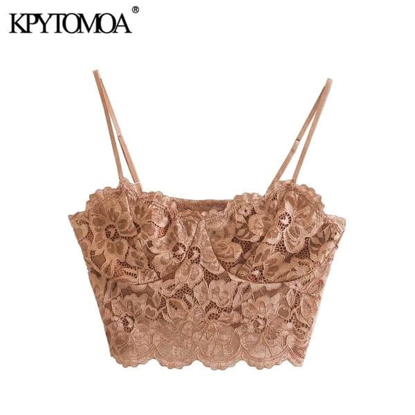 KPYTOMOA Women Sexy Fashion Lace Bralette Cropped Tank Top Vintage Backless Adjustable Thin Strap Female Camis Chic Tops 201028