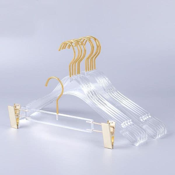 10 Pcs Top Grade Clear Crystal Clothes Suits Hanger Hook, Transparent Acrylic Pants Hangers with Gold Clips 201219
