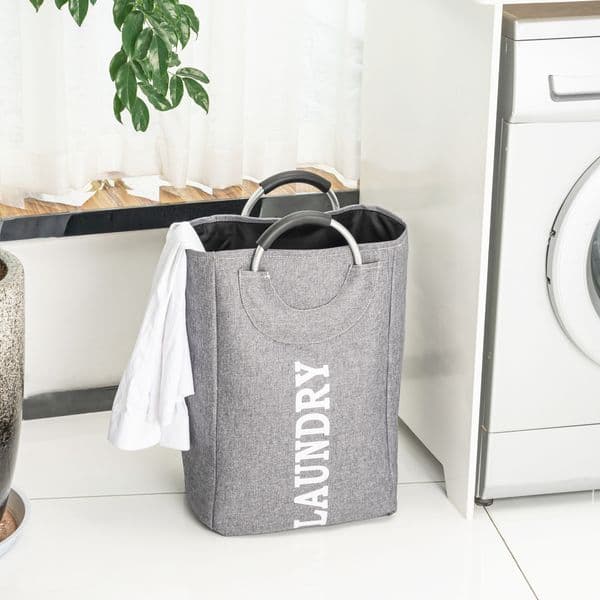 SHUSHI Foldable linen laundry hamper on aluminum handle home large toys sundries Storage basket hotsell Folding laundry handbag LJ201204