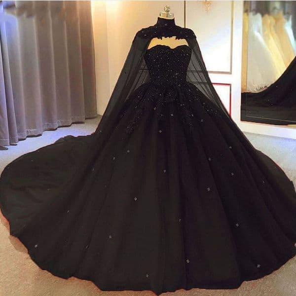 2026 Luxury Crystals Black Ball Gown Wedding Dresses With Cape Sweetheart Watteau Train Retro Vintage Gothic Wedding Dress Bridal Gowns