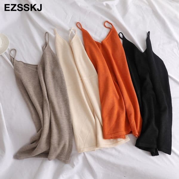 spring summer chic basic V-NECK camisole Summer knit Tank top Women basic cotton camisole female casual solid cashmere top 201028