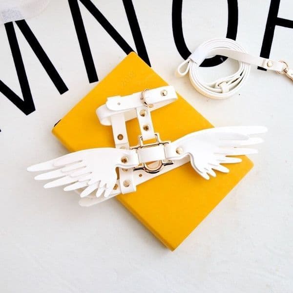 PU Leather Collar Lead Wing Collars For Small Medium Cat Pet Adjustable Dog Leash Harness 201126