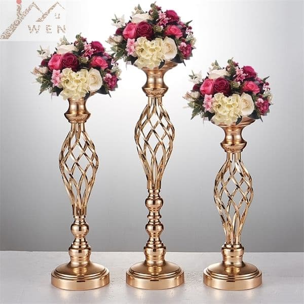 IMUWEN Creative Hollow Gold/ Silver Metal Candle Holder Wedding Table Centerpiece Flower Vase Rack Home Hotel Road Lead Decor LJ201212