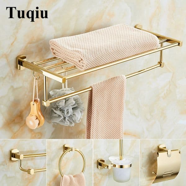 Bathroom Accessories Set Brass Material Gold Bath Hardware Sets Towel Rack,Paper holder Toilet Brush Holder,Towel Ranger,Hooks LJ201211