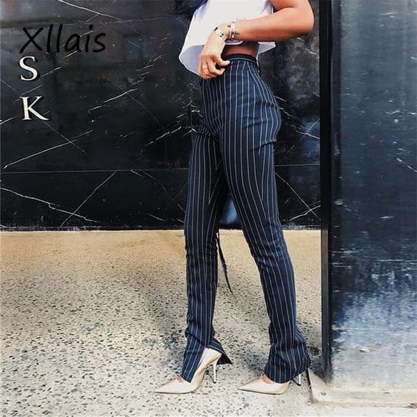 Xllais black and white striped pants Office lady high waist pencil Pants Low Slit Legging Slim Casual Elegant Work Wear 201031