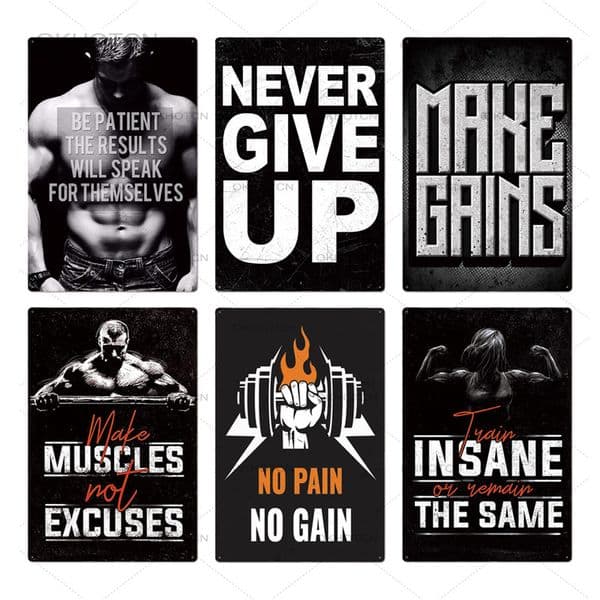 2021 Funny Gym Shop Wall Tin Sign Metal Poster Plaque Never Give Up Metal Work Out Wall Decor for Man Cave Gym Tin Sign Decorative Plate