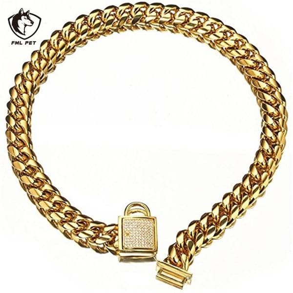 FML Pet Collar Stainless Steel Dog Collar Gold Plated Curb Cuban Chain Dog Training Walking Dog Necklace for Small Large Dogs LJ201112