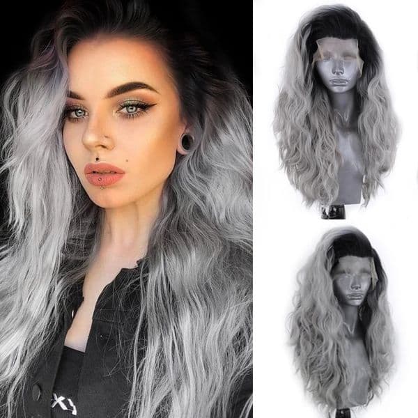Long Wavy Ombre Grey full lace wig Heat Resistant Fiber water wave Synthetic Wig Natural Hairline For Black Women