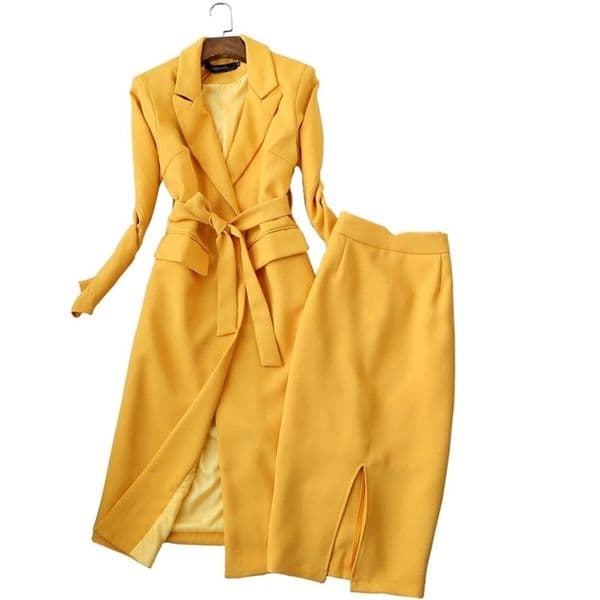 Temperament women's suit set two-piece Autumn and winter high quality yellow long ladies coat jacket Slim skirt black 200922