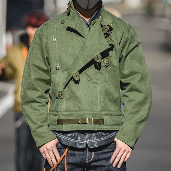 Madden Army Green Retro Jacket Misplaced Oblique Buckle Swedish Motorcycle Men's Jacket AMEKAJI Cotton Washed Water Jacket Men 201028