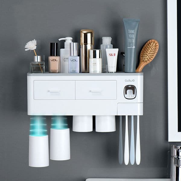 Wall Mounted Bathroom Accessories Toothbrush Holder Automatic Toothpaste Dispenser Holder Rack With Cup Storage Set LJ201204