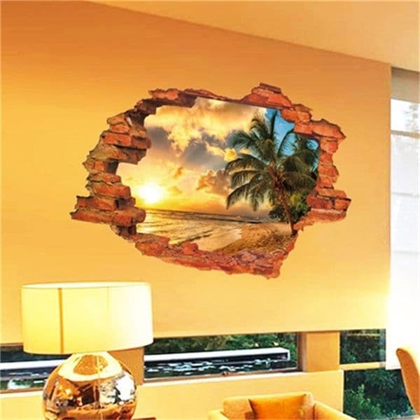 Free shipping:3D Broken Wall Sunset Scenery Seascape Island Coconut Trees Household Adornment Can Remove The Wall Stickers 201202
