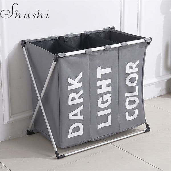 Shushi hot selling water proof three grid laundry organizer bag dirty Laundry basket for bathroom Collapsible home toy basket LJ201209