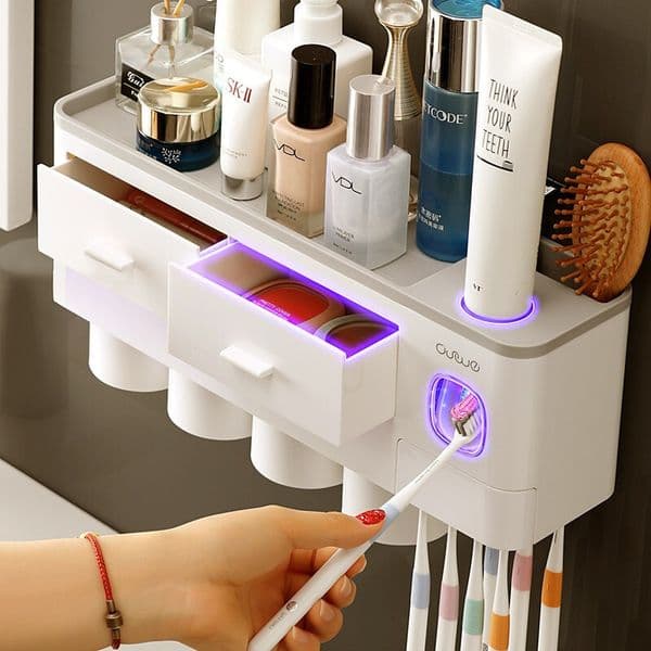 Bathroom Accessories organizer Tools Set Toothbrush Holder Automatic Toothpaste Dispenser Holder Toothbrush Wall Mount Rack LJ201128