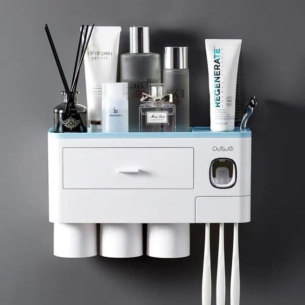 New Toothbrush Holder Automatic Toothpaste Dispenser With Cup Wall Mount Toiletries Storage Rack Bathroom Accessories Set LJ201204