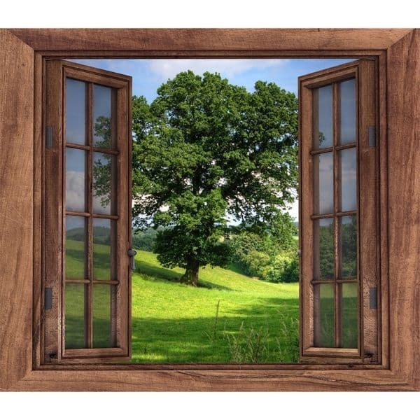 Free shipping 3D Brown Wooden Window Wall Decal Art Photo waterproof Removable Wallpaper Forest Mural Sticker Vinyl Home Decor 201106
