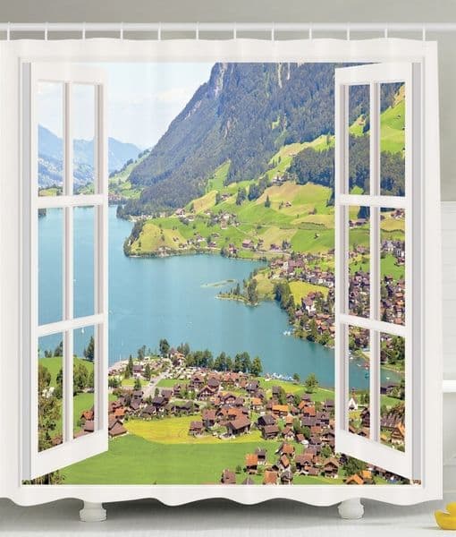 Shower Curtain Funny Simple Village Cottages Farmhouse Window Panorama Waterproof Polyester Bathroom Decorative Shower Curtains T200711