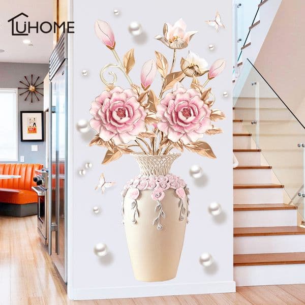 Creative Peony Flowers Vase Wall Sticker for Living Room Bedroom Decal 3D Wall Stickers Removable Wall Decoration Painting Decor LJ201128