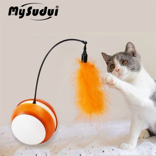 Electric Cat Toy Smart Rolling Ball Interactive Automatic Cat Toys Wheel With Teaser Feather Stick Led Light Training Kitten Toy LJ201225