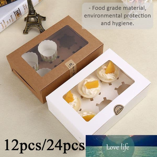 12pcs 24pcs 6 Grids Paper Cake Box With Window Cake Boxes And Packaging Wholesale Cup Cake Packing Box Baking Box (No Stickers)