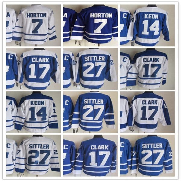 Men Vintage Toronto Hockey CCM Retro Jerseys 17 Wendel Clark 27 Darryl Sittler 14 Dave Keon 7 Tim Horton 1 Johnny Bower Stitched Blue White Alternate