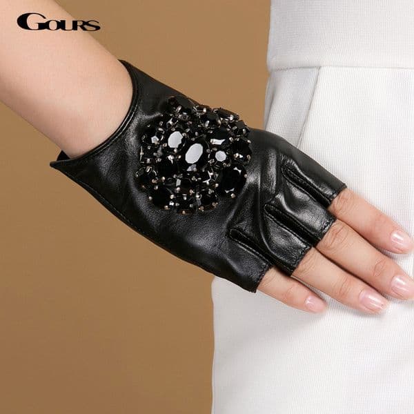 Gours Winter Genuine Leather Gloves Women Fashion Black Stone Driving Fingerless Gloves Ladies Goatskin Mittens 201104