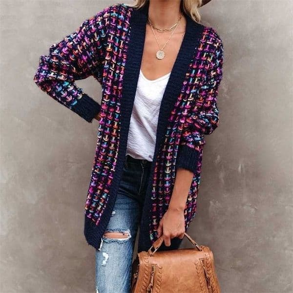 Fitshinling Bohemian Plaid Cardigans Women Vintage Long Coat Female Jacket Knitwear Winter Slim Sweater Cardigan Pockets 211216
