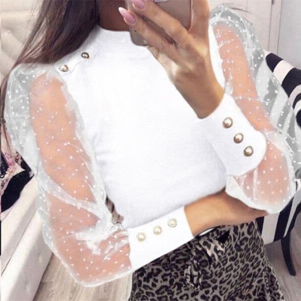 Lady Mesh Sheer Blouses Shirts Long Sleeve Tops Transparent Lace Puff Sleeve Tops Spring See Through Casual Lace Blouses 201201