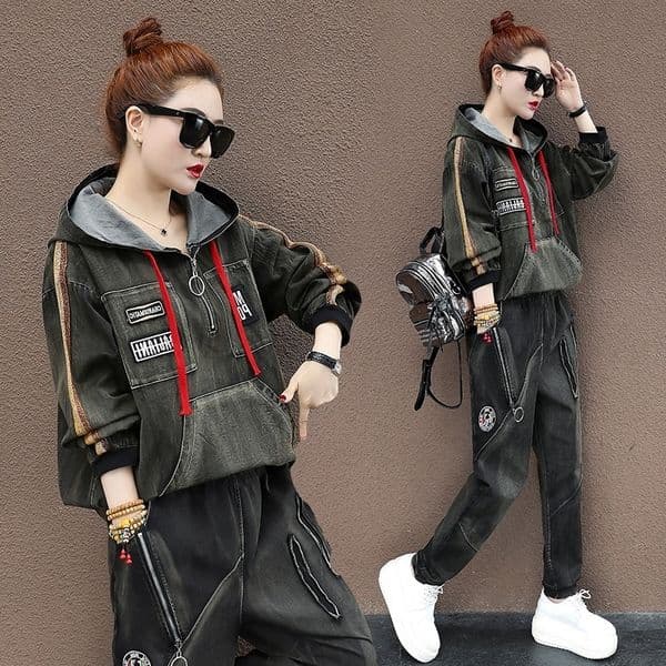 Trendy TWO PIECE SET Korean Punk Tops Pants Women Vintage Denim Tracksuits Hooded Outfits Korean Harakuju Streetwear Street 2 PC 201120