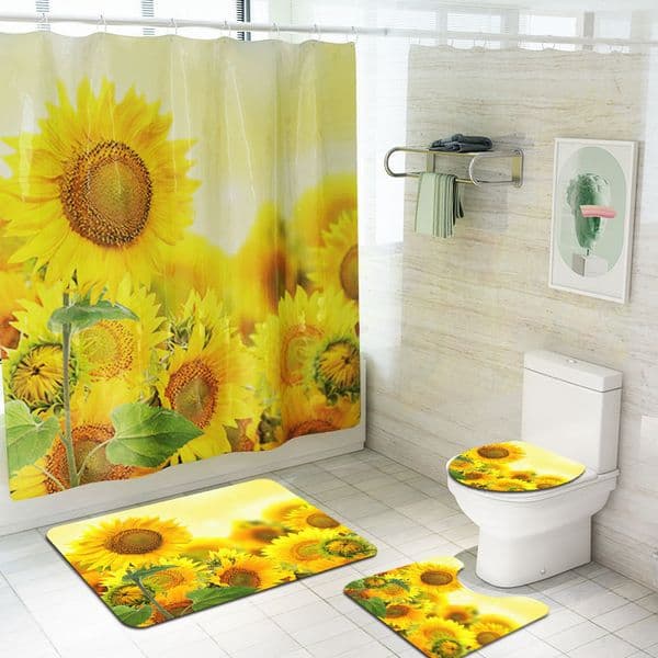 1Set PVC Sunflower Bathroom Products Pedestal Rug + Lid Toilet Cover+Bath Mat Set + Shower Curtain+12x Hooks Home Decor T200711