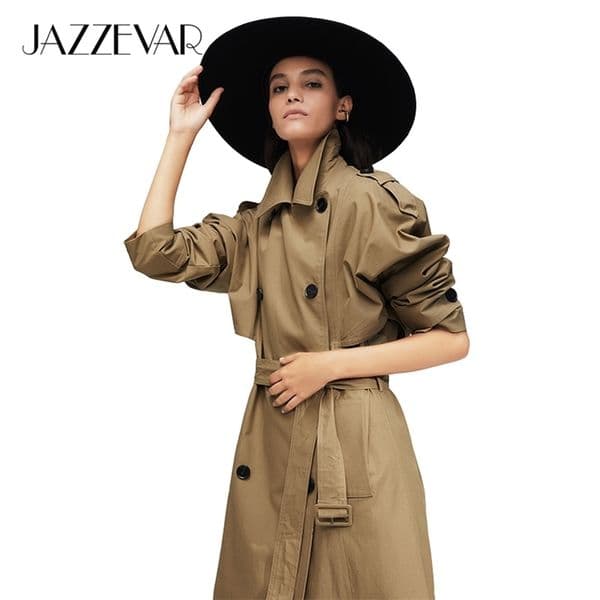 JAZZEVAR New arrival autumn trench coat women cotton washed long double-breasted trench loose clothing high quality 9013 201211