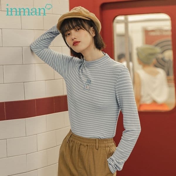 INMAN Autumn New Arrival High Neck Elastic Comfortable Long Sleeve Joker Basic Inside Wear Strip T-shirt 201028