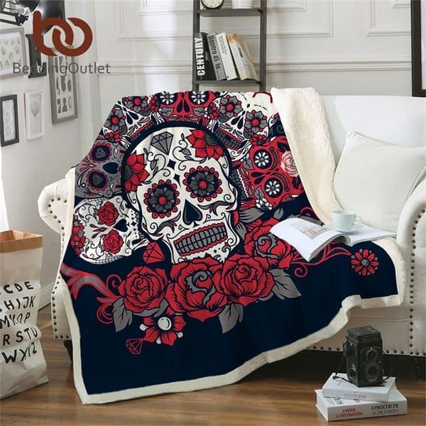 BeddingOutlet Sugar Skull Roses Microfiber Sherpa Sofa Throw Blanket Floral Printed Red Gothic Bedding mantas para cama 201222