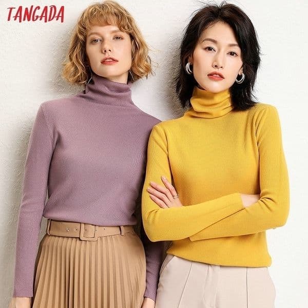 Tangada winter fashion women solid turtleneck sweater female long sleeve chic elegant ladies jumpers sweater pull femme AQJ02 201109