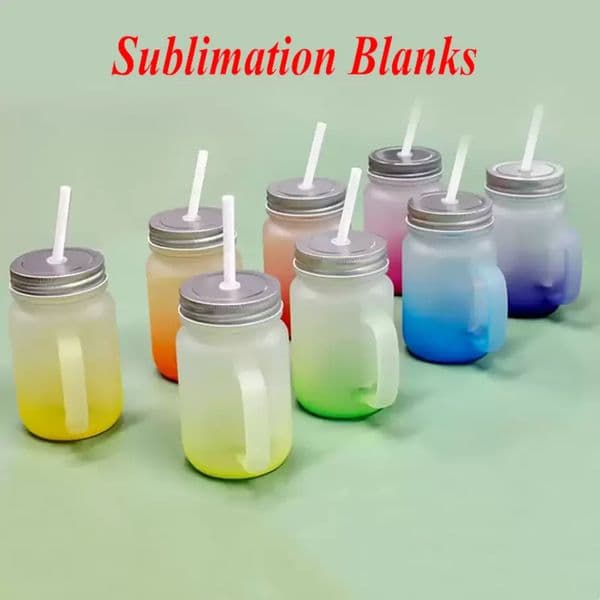 430ml Sublimation Glass Mason Jar with Handle Gradient Glass Tumblers Thermal Transfer Water Bottle Colorful Sublimated Cups