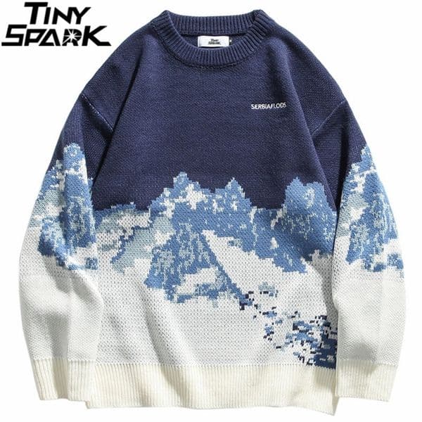 Men Hip Hop Streetwear Knitted Sweater Embroidery Retro Vintage Snow Sweater Cotton Harajuku Casual Pullover Sweater Black 201028