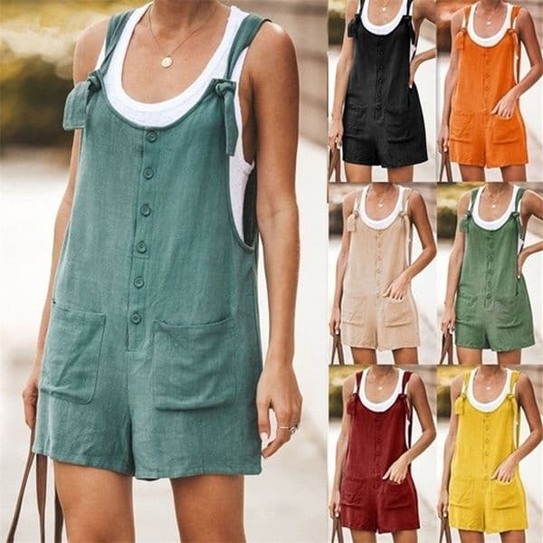 Summer Siamese shorts Women Romper Cotton And Linen Sleeveless Suspender Buttons Pocket Jumpsuits Casual Loose Suspenders T200701
