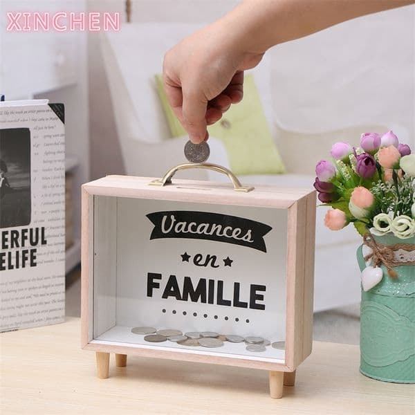 Wooden Piggy Bank Money Box Coin Cash Bank Container Home Transparent Vintage Stand Letter Desktop Decorations Storage Organize LJ201212