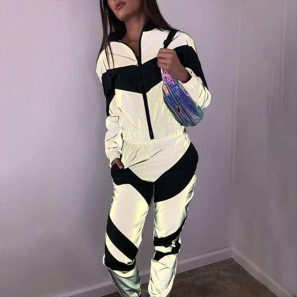DAPHLIAC Reflective Fashion Women's Tracksuit Sports Suits For Women Zipper Patchwork Loose Female Set Trousers Ladies Track Top 201120Z