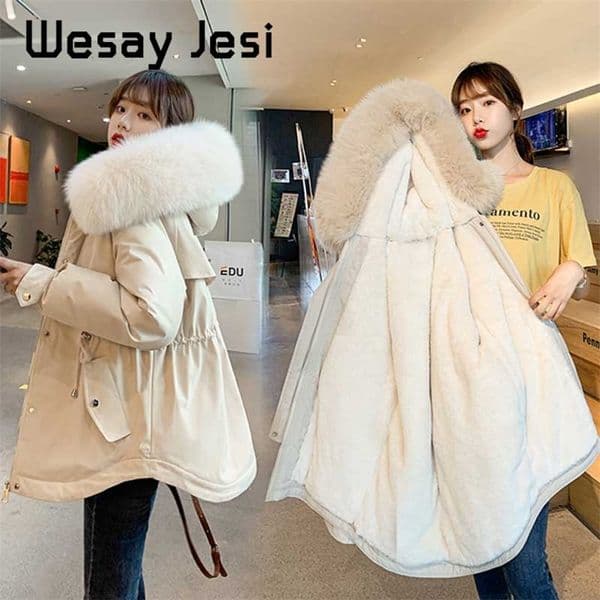 Women Parkas Autumn Winter fur inside jackets coats thick warm big fur hooded parkas coats Solid jacket female outwear 201217