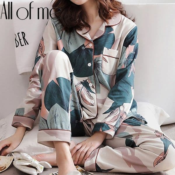 2PCSSet Women Floral Pajamas Set Long Sleeve Homewear Turndown Collar Pyjamas Sleepwear for Female Winter Night Suit MXXL 201113Z