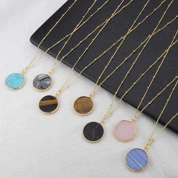 Colorful Round Natural Stone Pendant Necklace Factory Design INS Style Women Jewelry