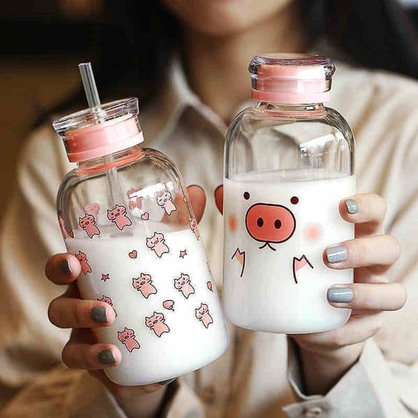 New 450ML Kawaii Pig Glass Water Bottle With Straw Cartoon Fashion Cute Drinking Water Bottles For Kids Girl Student Water Cup LJ200821