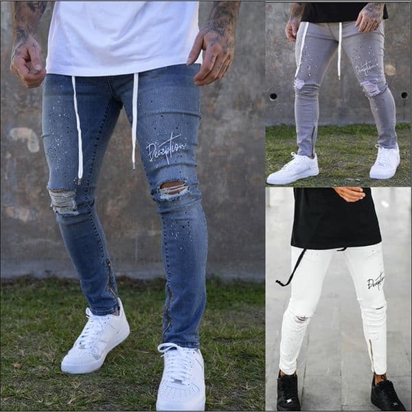 LASPERAL Fashion Streetwear Men's Slim Fit Denim Pants Ripped Painted Jeans Skinny Drawstring 201111Z
