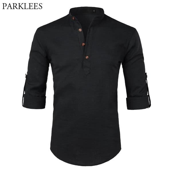 Black Cotton Linen Shirt Men Autumn New Rolled Up Sleeve Mens Casual Dress Shirts Slim Fit Henley Shirt Male Chemise Homme 201120