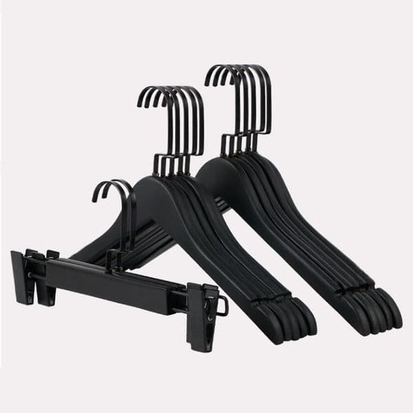 High Quality Wood Clothes for Suit Coat Shirt, Adult Kids Black Wooden Pants Skirt Hanger with Clips (12 Pcs/ Lot ) 201219