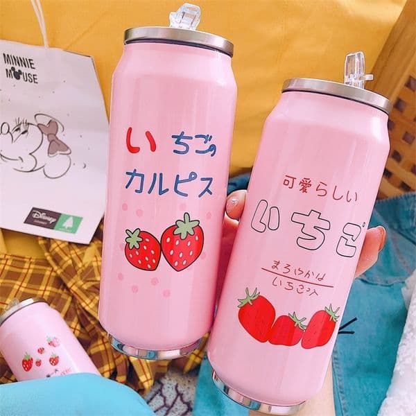 New 500ml Stainless Steel Thermos Bottle Cute Strawberry Vacuum Insulation Cup Portable Girl Fashion Water Bottle With Straw Lid 201204