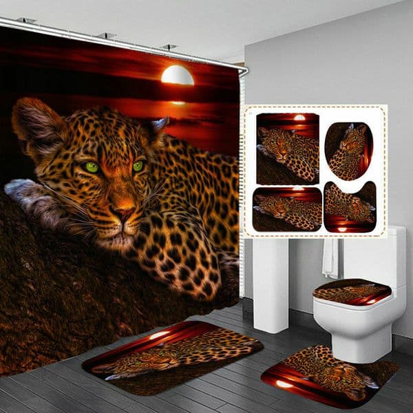 180x180cm 1Pc/3Pcs Moon Leopard Flower Leopard Cheetah w/12 Hooks Bathroom Shower Curtain Toilet Mat Lid Rug Curtain Sets LJ201128