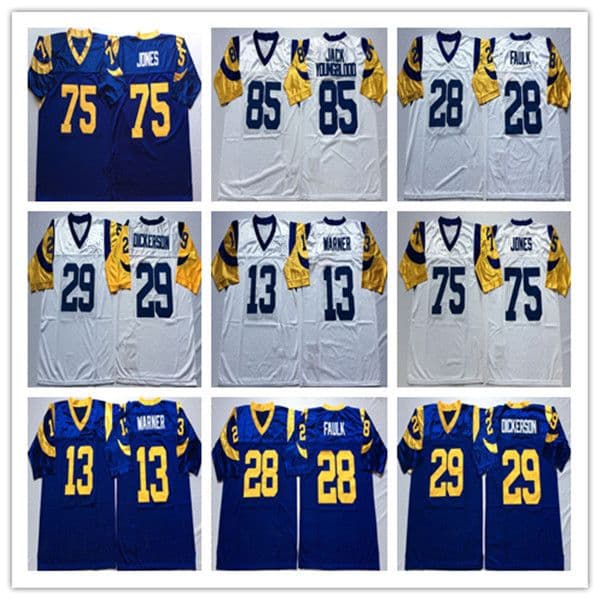 Throwback American Football Jersey Eric Dickerson Kurt Warner Marshall Faulk Jack Youngblood Deacon Jones Stitched Blue White Retro Shirt