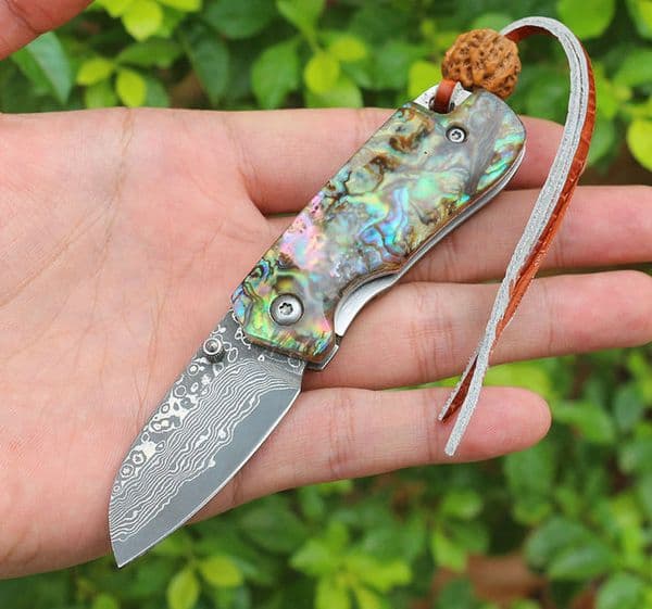 High End Damascus Pocket knife Folding Knife VG10 Damascus Steel Blade Abalone shell with Stainless Steel Handle Outdoor EDC Mini Small Gift Knives Nylon Bag